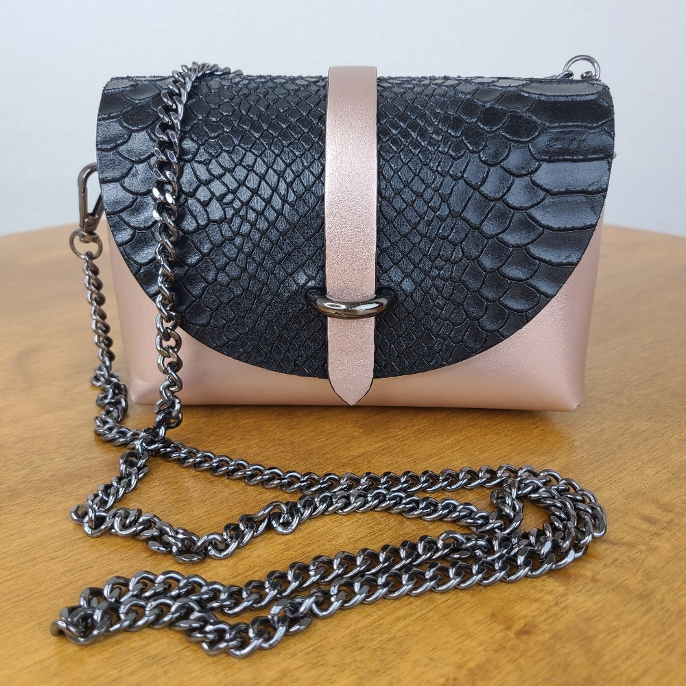 Marcus Firenze Shoulder Bag Leather Snakeskin Texture Pink Black Chain Small